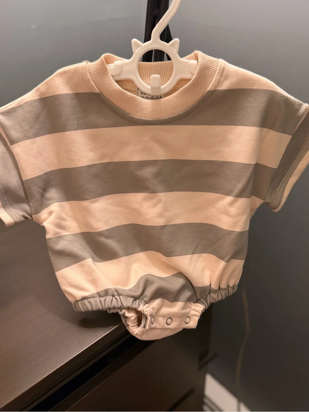 Baby Grace Striped Romper in Light Pink and Gray